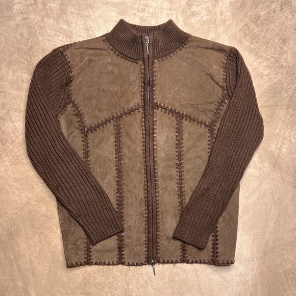 Vintage 90s Cal Fashion Brown Patchwork Panel Stitched Knit Zip Up Jacket Grunge - Picture 7 of 7